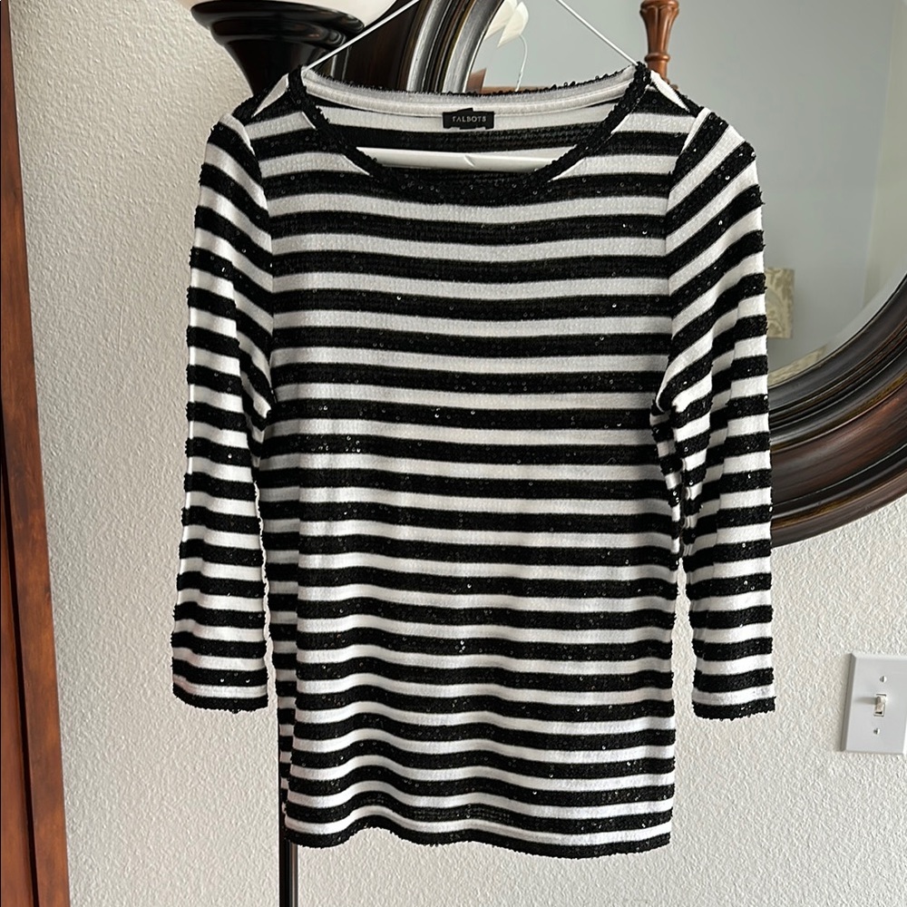 Talbots Black and White Crew Neck Striped Sweater